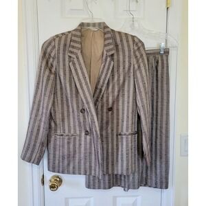 Haberdasher Vintage Striped Skirt Suit Set Brown Tan Double Breasted AS IS 10